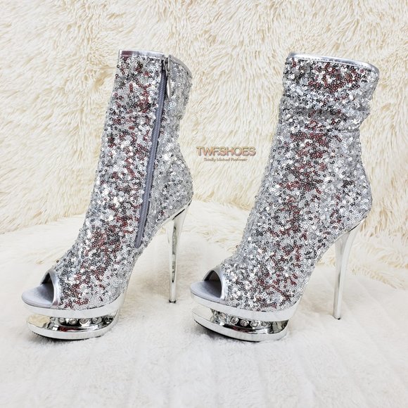 Blondie Luxurious Silver Sequin Slouchy Shaft High Heel Ankle Boots 1008 - Picture 4 of 13